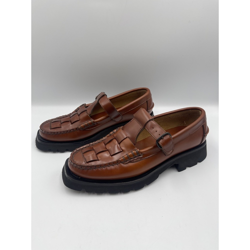 HEREU Soller Sport Dark Brown Leather Woven T-Bar Loafers EU 37 US 7 NWOB New